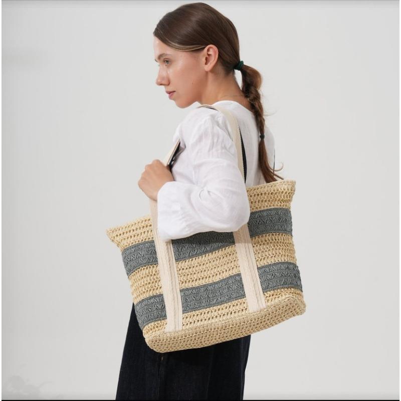 Striped Straw Bag, High-end Shoulder Woven Woven Bag, Large Capacity Tote Seaside Vacation Beach Bag