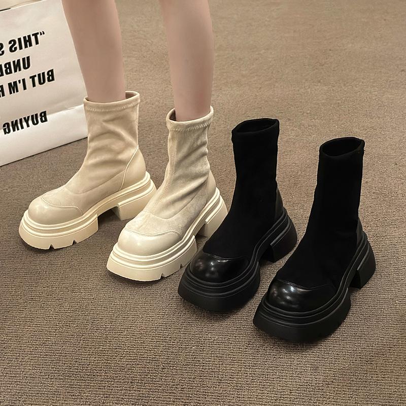 Chunky Elastic Skinny Boots Women 2024 Thick Korean Version of Thin Boots Autumn New British Muffin Short Boots