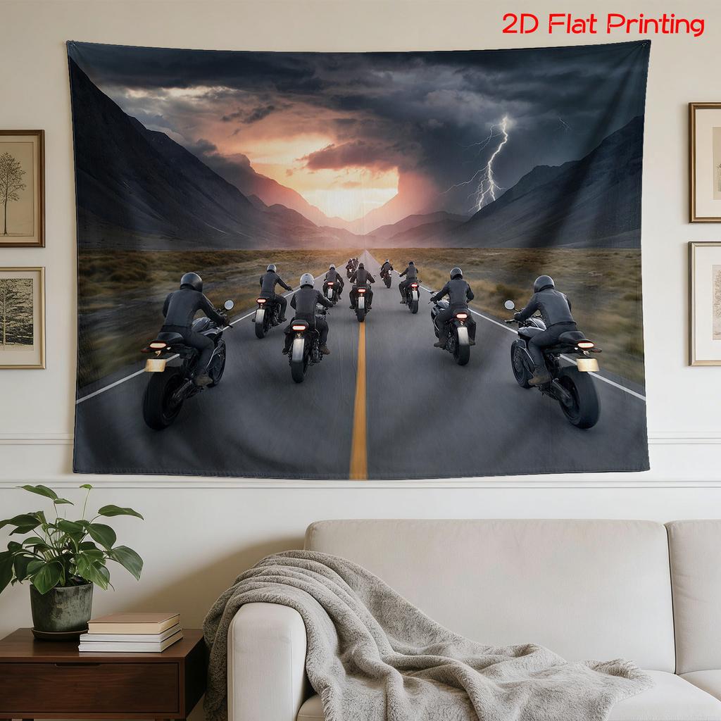 Large Motorcycle Biker Group Road Trip Tapestry Wall Hanging Decor Art Banner Lightning Sunset 180x320cm Custom Room Print