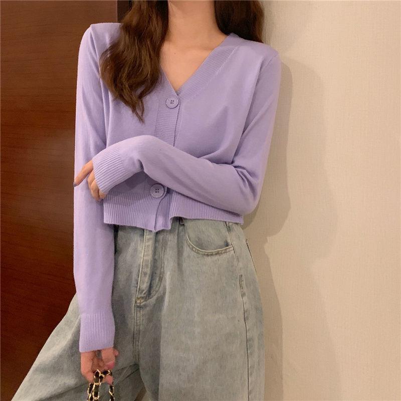Весенне-осенний вязаный кардиган с длинными рукавами, свитер с v-образным вырезом, однотонное короткое повседневное пальто SL