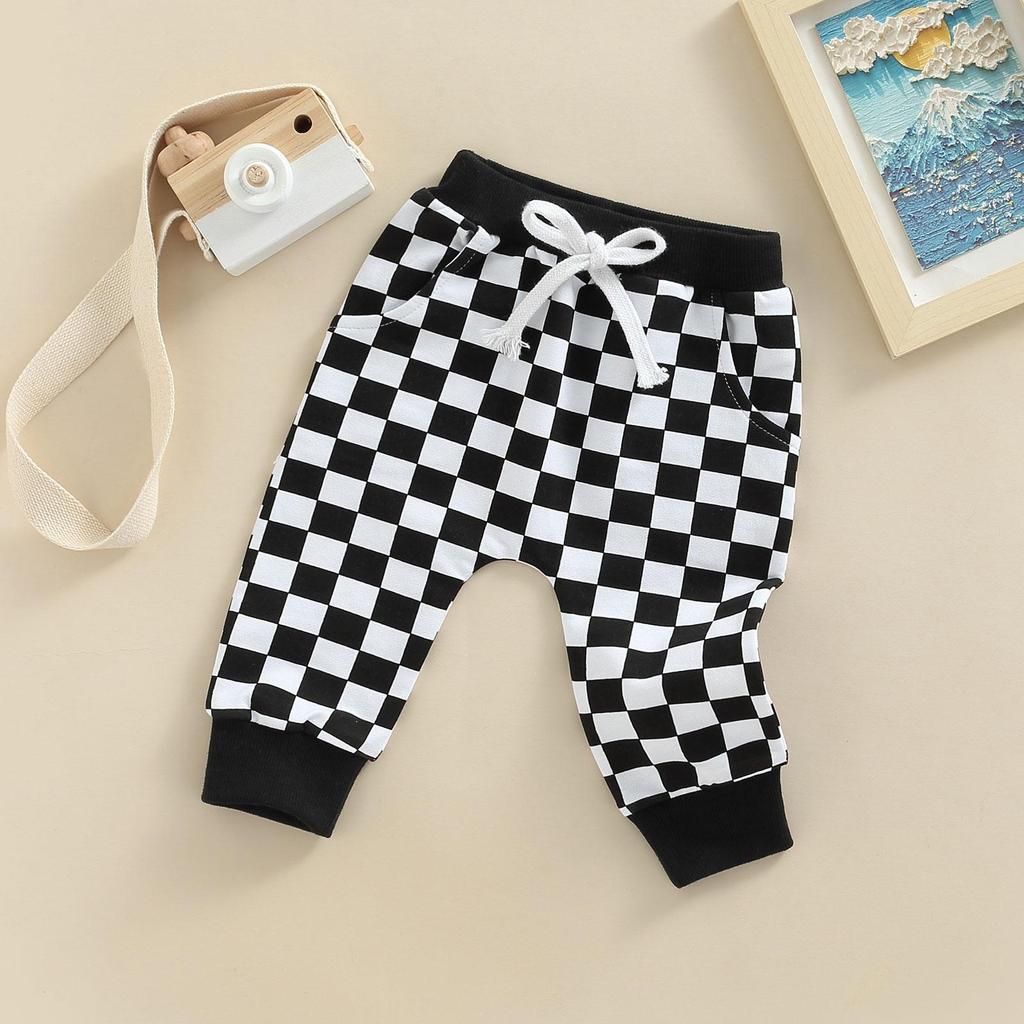 Toddlers Casual Long Pants 6M 12M 18M 24M 3Y Fashion Checkerboard Printed Tie-up Mid-waist Trousers with Pockets