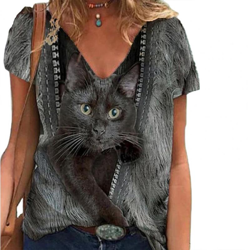 Женские топы с v-образным вырезом и короткими рукавами, серые топы с принтом кошек, свободная футболка, повседневная блузка
