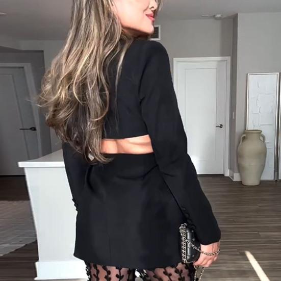 Женский пиджак с лацканами, длинный рукав, пуговицы, пиджак с открытой спиной