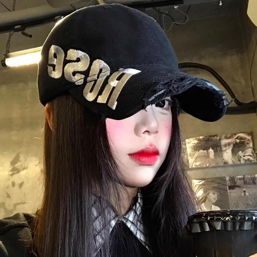 Letter embroidery black ripped baseball cap female American retro face small versatile cap big head circumference hat tide