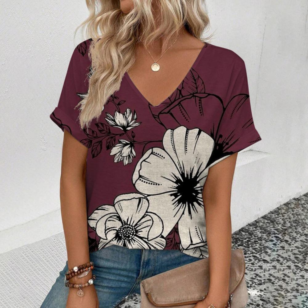 Топ для женщин, летняя женская футболка с V-образным вырезом, футболка с принтом в стиле ретро и цветочным узором, модная женская футболка для отдыха с коротким рукавом