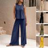 2 Pcs/Set Women Vest Pants Suit Round Neck Sleeveless Solid Color Top High Waist Wide Leg Trousers Vacation Casual Outfit Summer Beach Clothes