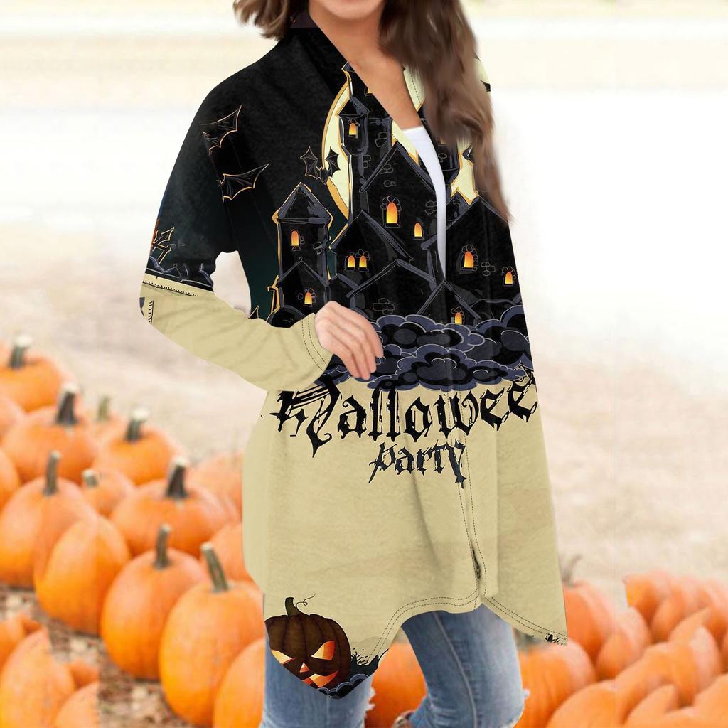 Женская мода, повседневный кардиган с принтом на Хэллоуин, средней длины, куртка, пальто