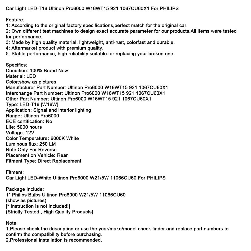 Car Light LED-T16 Ultinon Pro6000 W16WT15 921 1067CU60X1 For PHILIP
