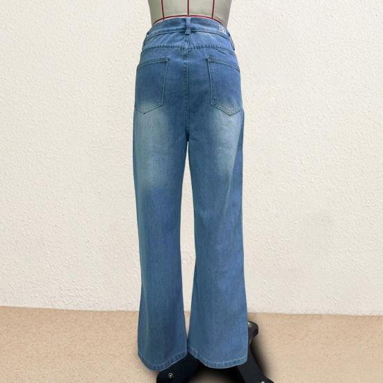 Women Jeans Retro Straight Distressed Solid Color Multi Pockets Mid Waist Button Zipper Closure Streetwear Full Length Long Trousers