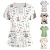 (Qunide) Plus Size Cute Printed Scrub Working Uniform Tops For Women Cross V-Neck Short Sleeve Fun T-Shirts Workwear Tee With Pockets
