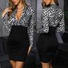 MISS Fashion Women Leopard Print Bodycon Dress Cross V-Neck Long Sleeve Casual Work Dresses