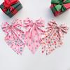 Fashionable Holiday Hair Styling Christmas Pink Bow Clip, Large Fabric Hairpin with Santa Soft Ties for Claus/Snowman/Snowflake Print Party and Daily