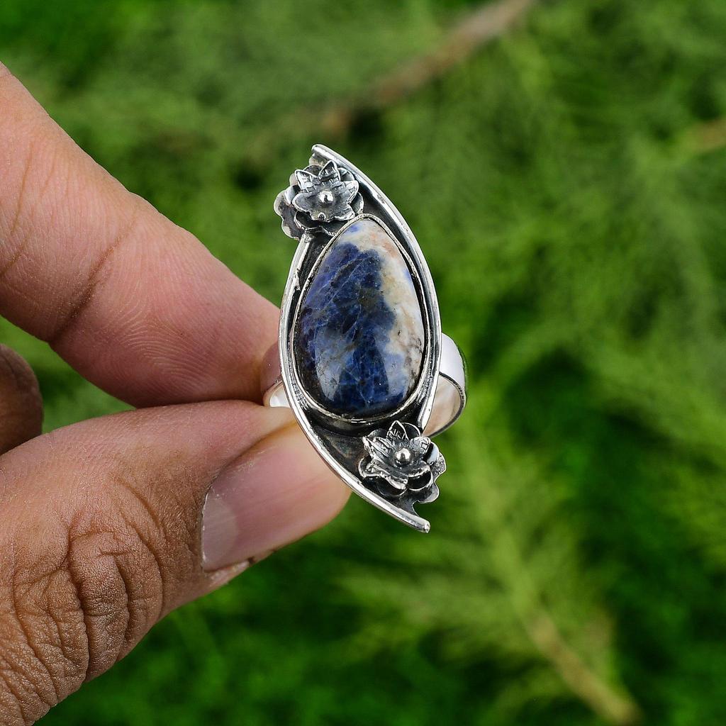 Пасхальная распродажа Содалит Камень Стерлинговое Серебро Солитер Цветок Кольцо Обещания Ювелирные Изделия