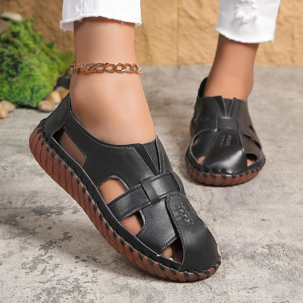 Summer New Soft Leather Beef Tendon Sole Seam Sandals Hollow Bag Head Hole Sandals Foreign Trade Large Size Spot Cool Single Shoes