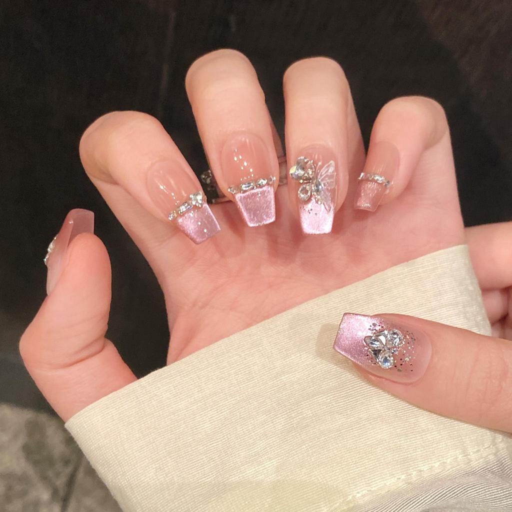 Yihe Gradient Cat Eye French Diamond-Styled Spring/Summer Medium Handmade Nails