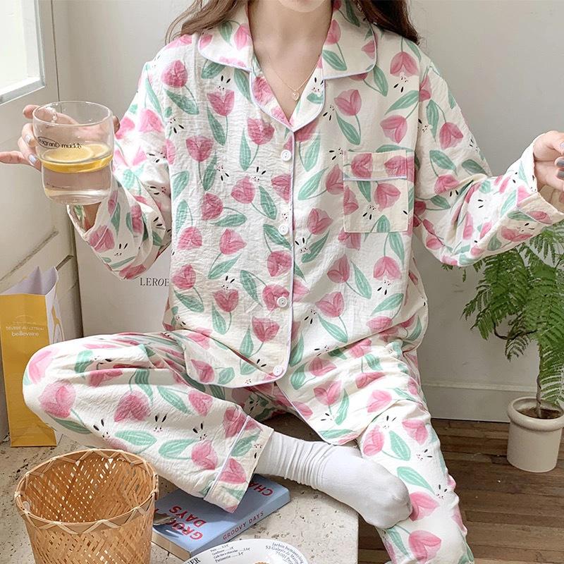 Пижамный комплект из хлопка «Облако» для женщин: Кардиган свободного кроя с длинным рукавом и милыми лацканами в студенческом стиле на весну и осень