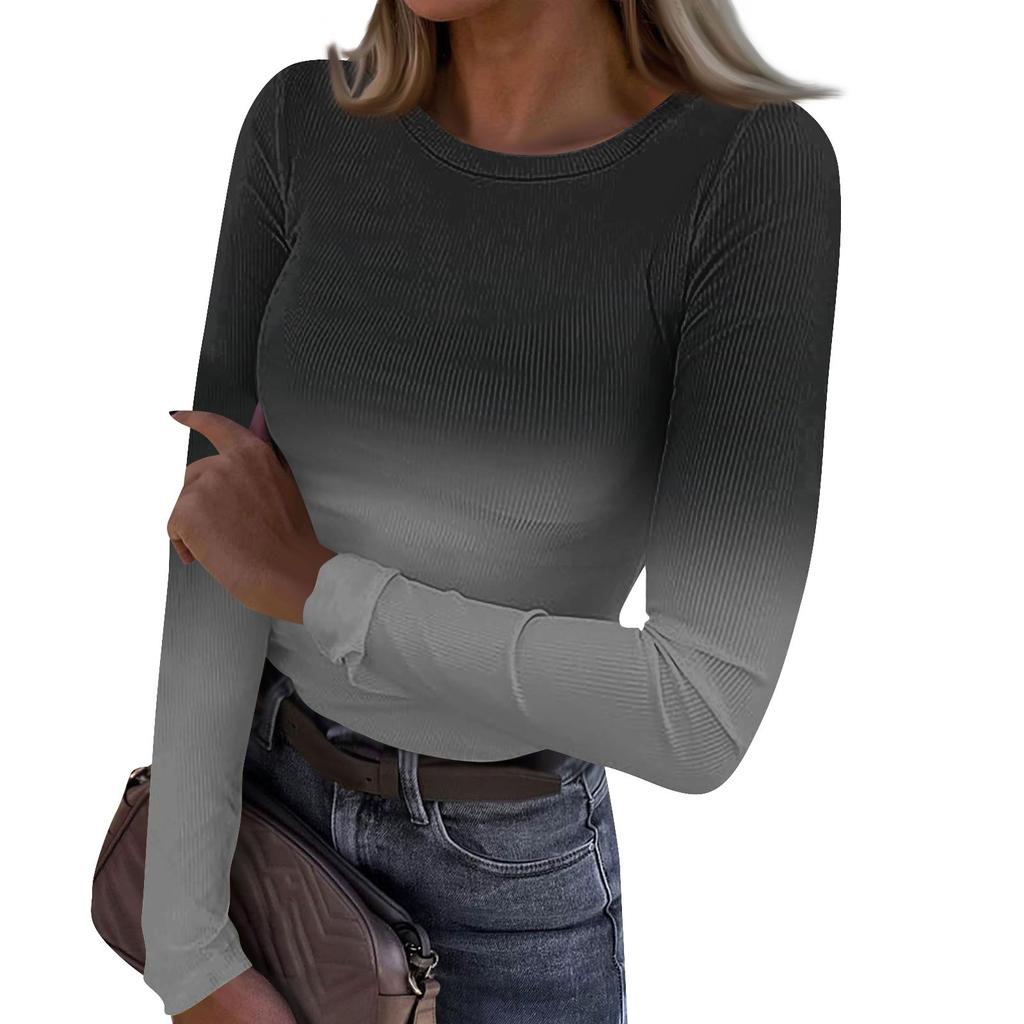 Women's Autumn And Winter Slim Bottom T-shirt Fashion Casual Gradient Printing Round Neck Pullover Long Sleeve Top