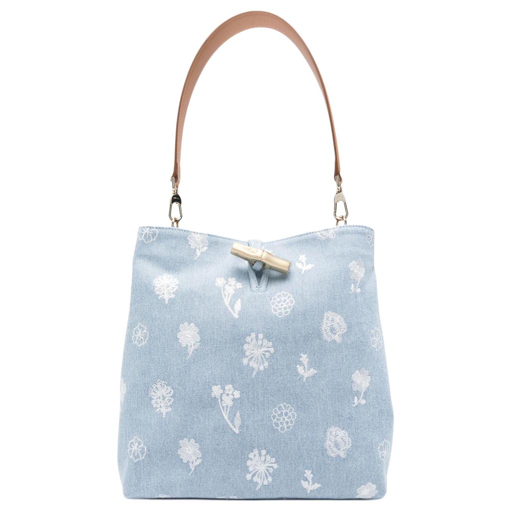 Longchamp Le Roseau Съемный плечевой ремень Металлическая бамбуковая застежка Ткань Коровья кожа Сумка через плечо Средняя женская сумка через плечо Синий 10281HGL028
