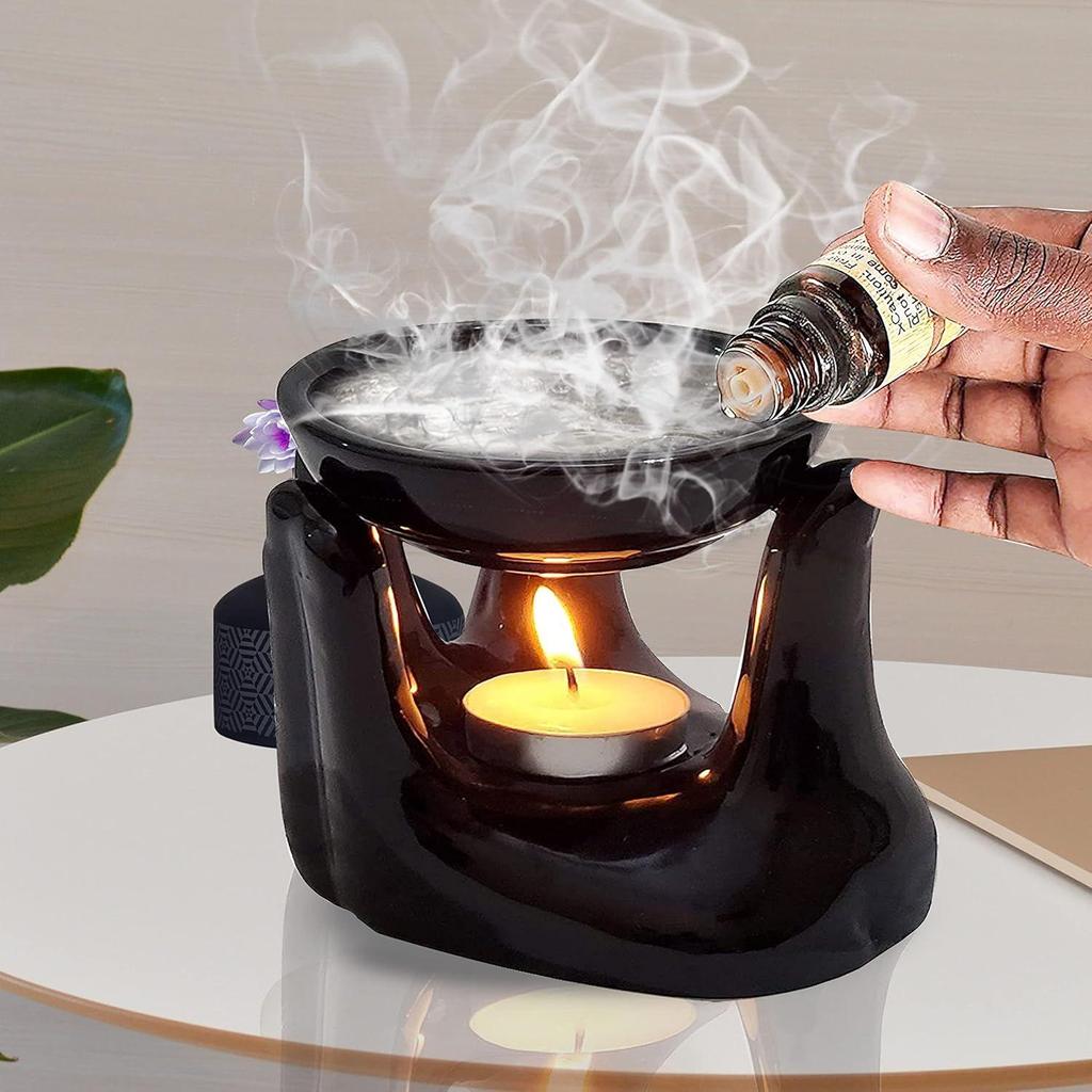 Ceramic Hand Type Aroma Diffuser Oil Burner with Lemon Grass Oil 10ml (Black)