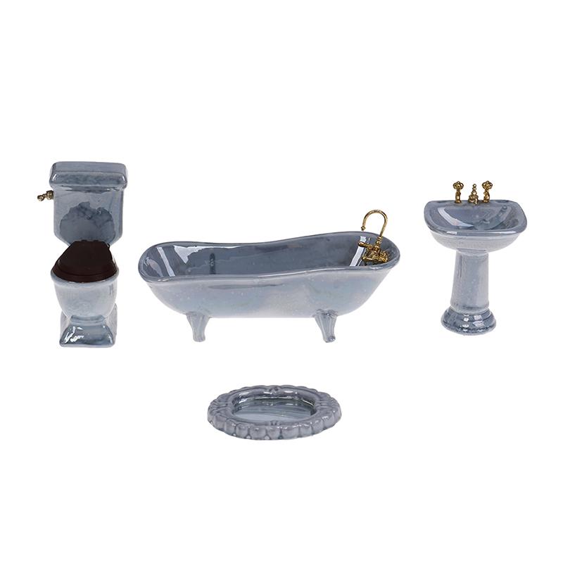 1:12 Dollhouse Miniature Blue Porcelain Bathroom Set Toilet Basin Bathtub