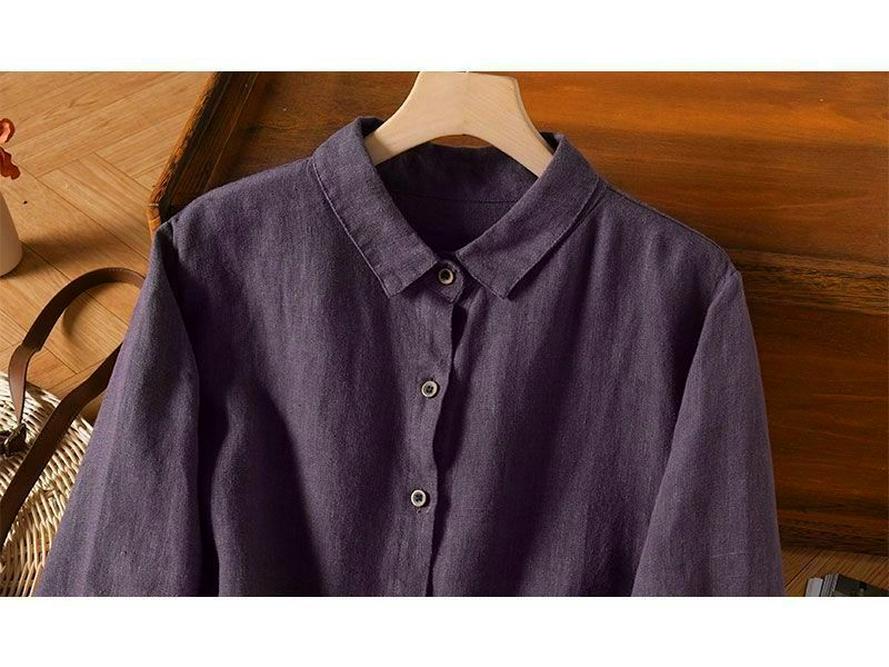 Женская льняная рубашка с длинным рукавом глубокого фиолетового цвета - Ранняя осень, Литературный ретро, Свободный крой, Высокий класс, Тонкий стиль