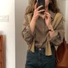 Ретро клетчатая рубашка Осень Новая Корейский стиль Коричневая Свободная С длинным рукавом Базовая рубашка