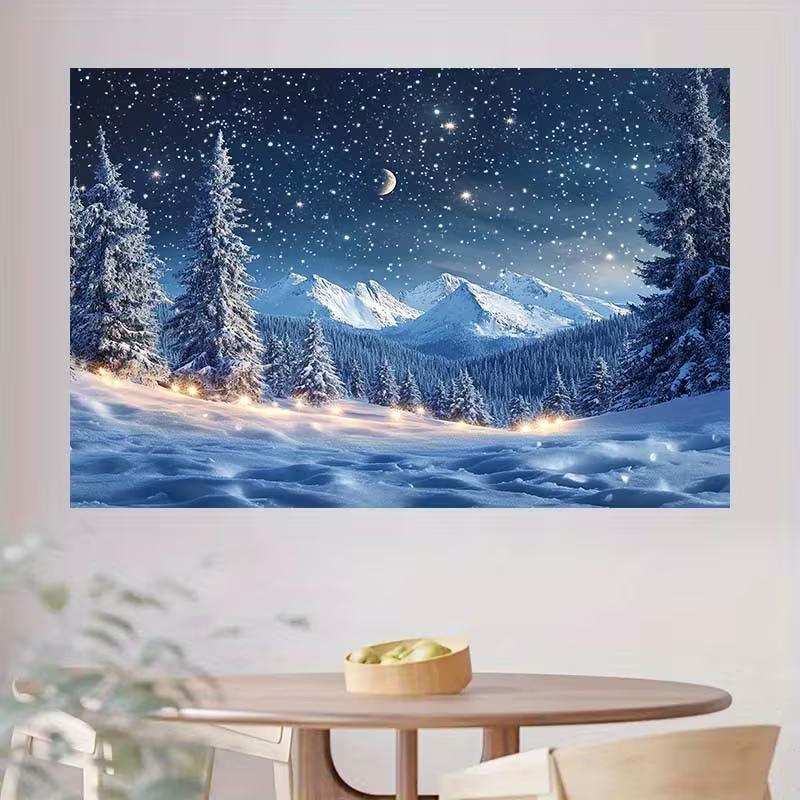 2D Winter Snow Forest Backdrop Starry Night Mountain Christmas Photography Background