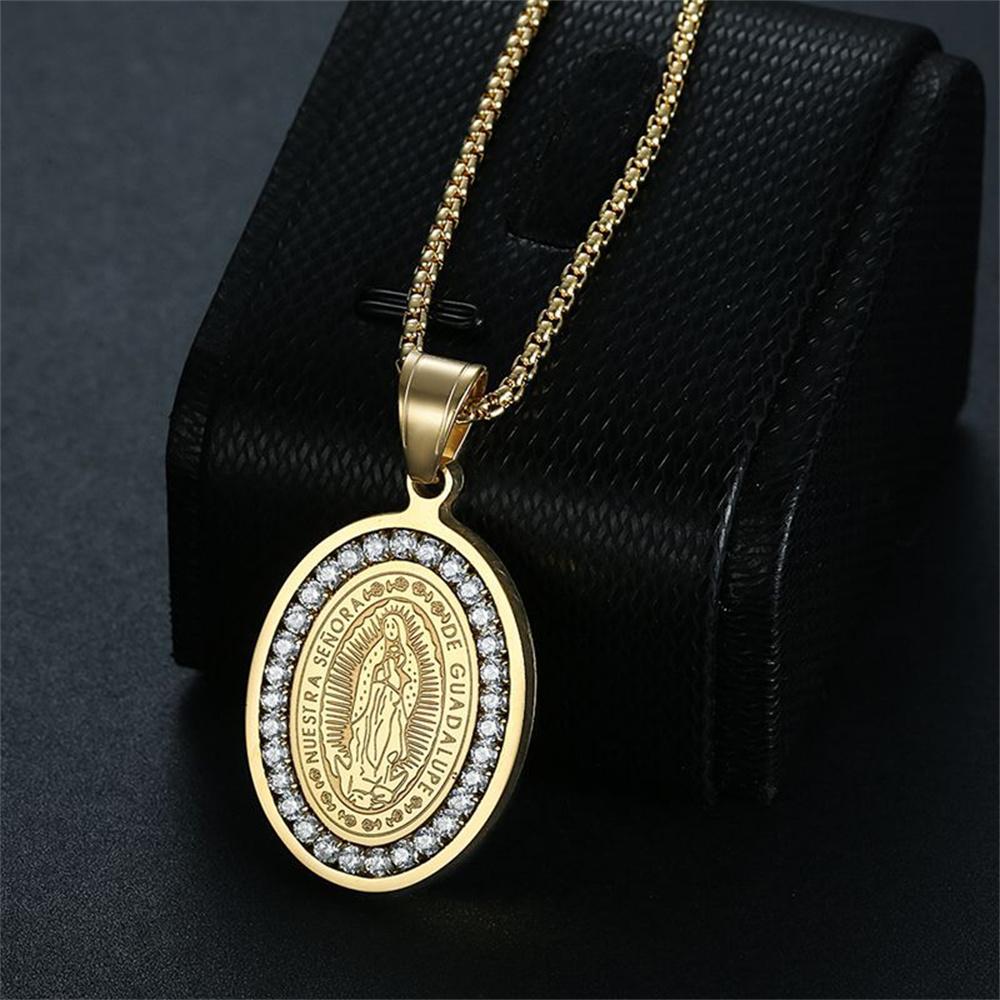 Religious Virgin Mary Pendant Female Gold Color Stainless Steel Madonna Round Necklace for Women Fashion Party Jewelry Gift