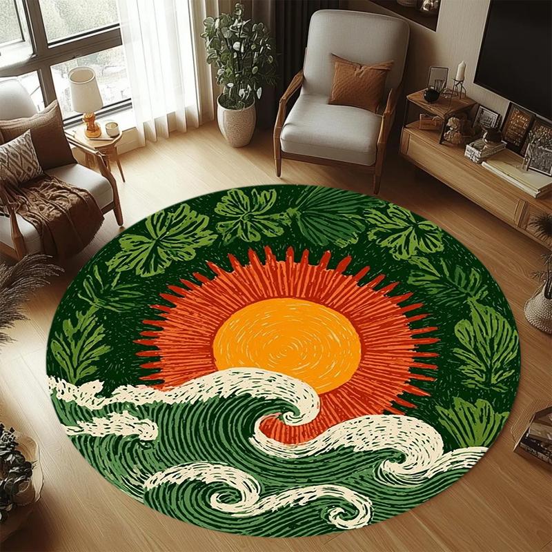 Artistic Nature Inspired Round Carpet with Tree Sun and Wave Patterns for Cozy Boho Home Decor Moderne Home Dekoration