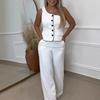 Women's Dressy Two Piece Outfit One Shoulder Sleeveless Blazer Vest Top with Wide Leg Pants Set Formal Tuxedos Suit