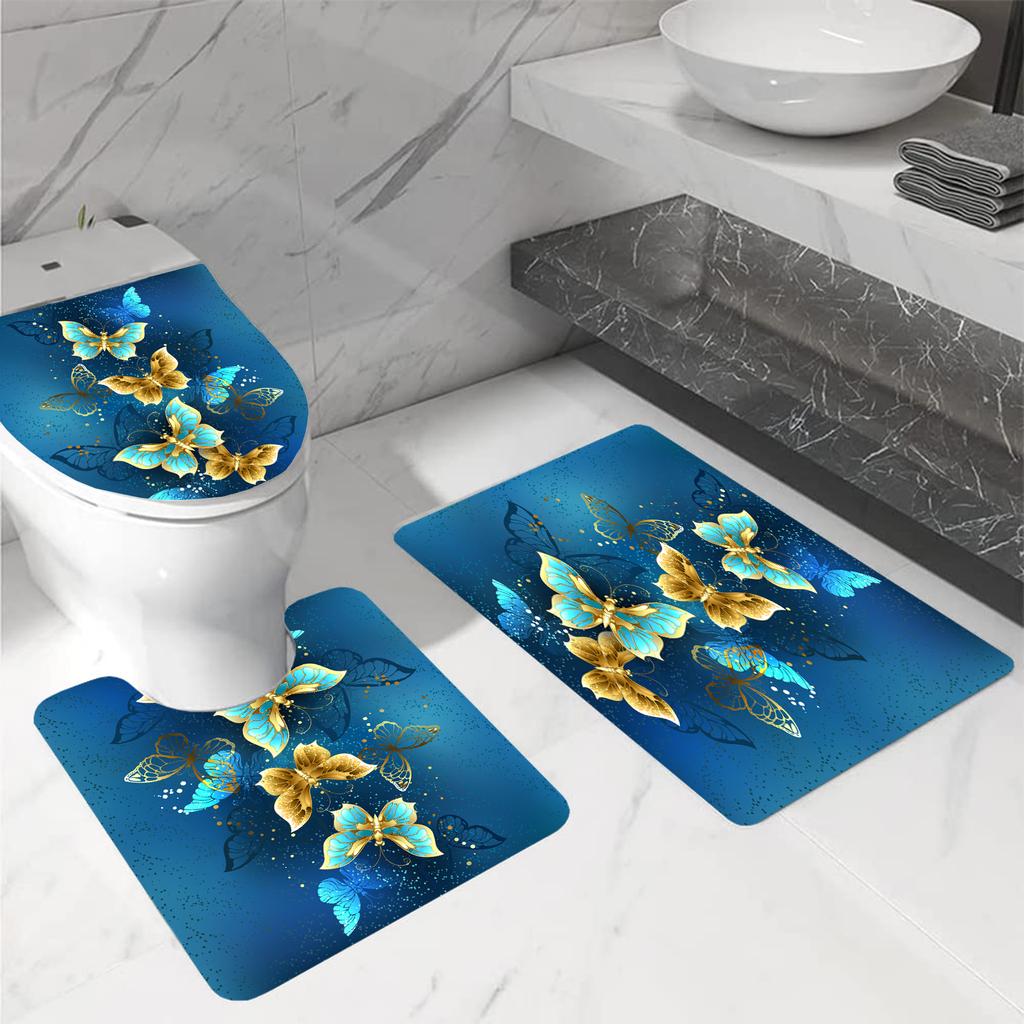 4pcs Blue-Golden Butterfly Shower Curtain Set with Rug, Toilet Lid Cover, Bath Mat, and Waterproof Polyester Curtain for Windows