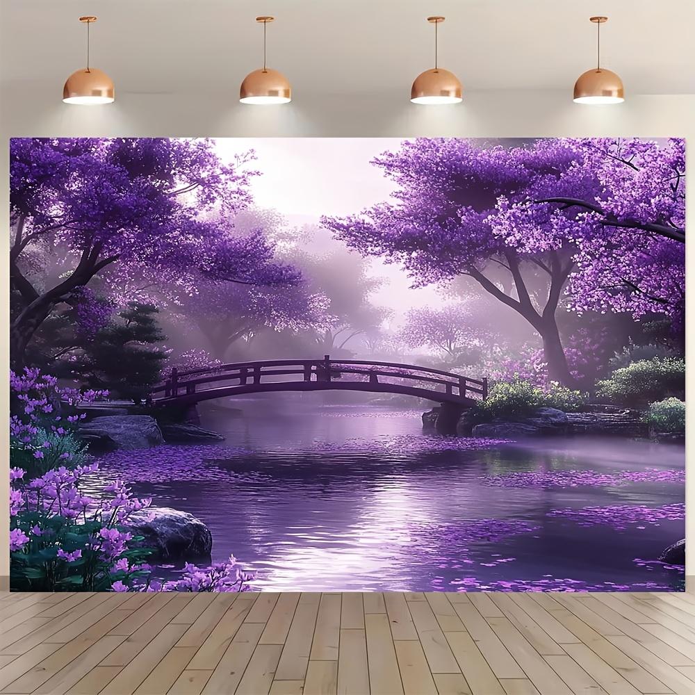 One polyester backdrop for a spring garden scene, with blooming purple flowers