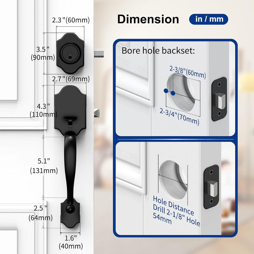 Front Door Lock and Handle Set, Front Door Pull Handle with Key, Deadbolt Lock and Handleset for Bedroom Bathroom Interior Door