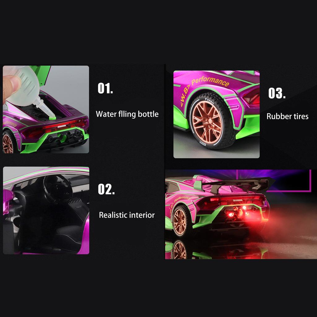 1/24 масштаб Lambo, литая под давлением модель автомобиля, игрушечный автомобиль с откатным механизмом, звуковым светом и распылителем для детей, коллекция подарков для мальчиков и девочек