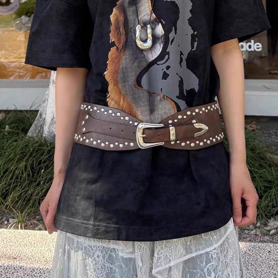 Punk Style Belt Rivet Decor Wide Imitation Leather Waistband Dress Shirt Versatile Waist Belt Fashion Accessory