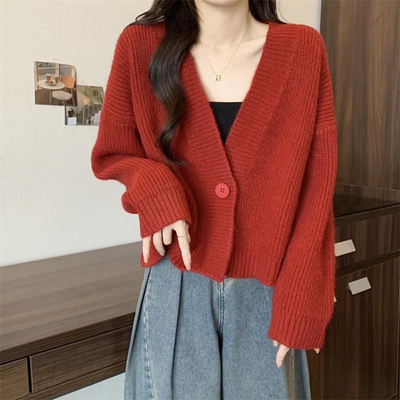 V-neck Fashion Women One Button Cardigan Short Sweater Autumn /Winter Long Sleeve Knitted Jackets Solid Color Elegant Loose Office Basic Casual Coats