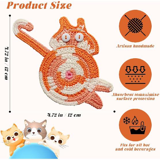 Cute Cat Cup Coasters, Gifts for Cats Lovers, Cat Coaster Woven Creative Knitted Coasters Funny Drink Insulation Coffee and Tea Coaster Table