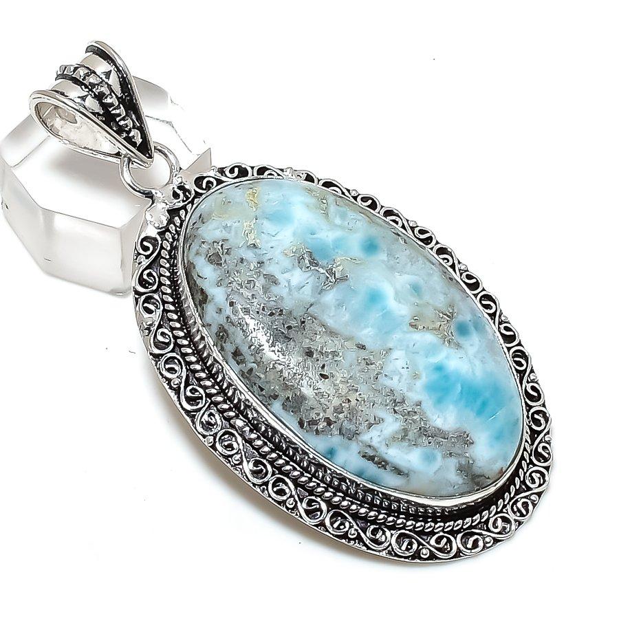 Natural Republic Larimar Gemstone 925 Sterling Silver Jewelry Pendant 2.64" W8o42