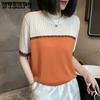 Hollow Out Jacquard Color Blocked Short Sleeved Summer Anti-aging Design Round Neck Thin Knit Sweater