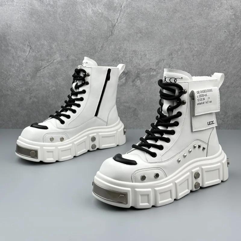 2025 Новые мужские ботинки Модный дизайн Металлические украшения Заклепки Кожаные ботинки High Street Хип-хоп Танцевальные панк Мотоциклетные мужские ботинки