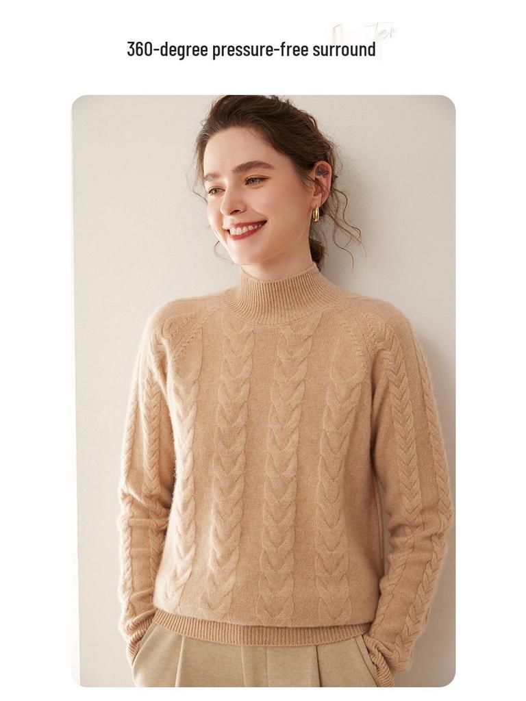 Женский кашемировый свитер однотонного цвета с узором «косы», полувысоким воротником, свободного кроя