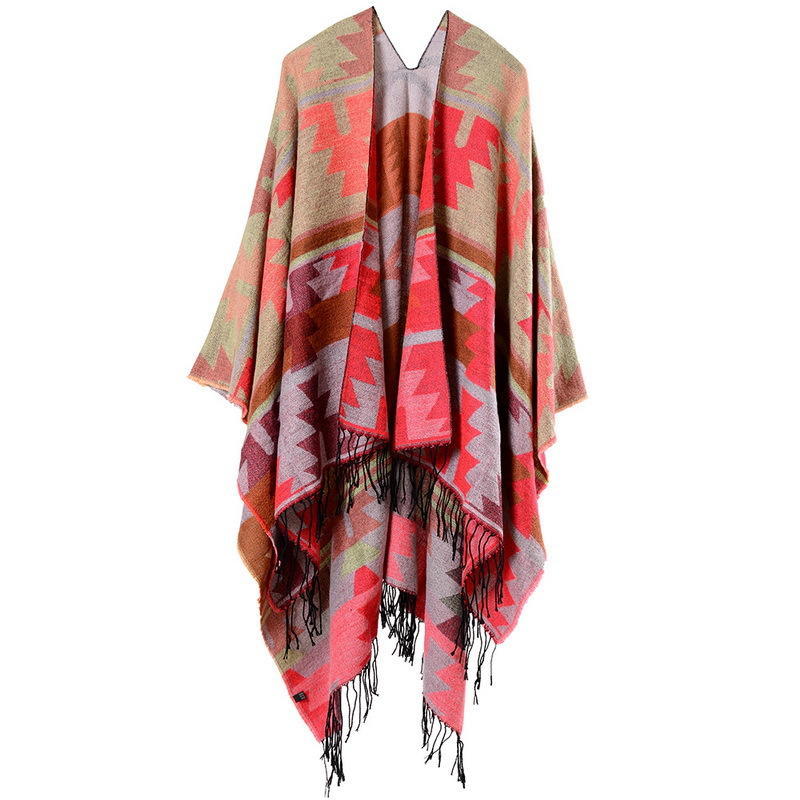 DX Indian Geometric Rhombus Lengthened and Thickened Imitation Cashmere Explosion Ethnic Style Travel Split Shawl Cape