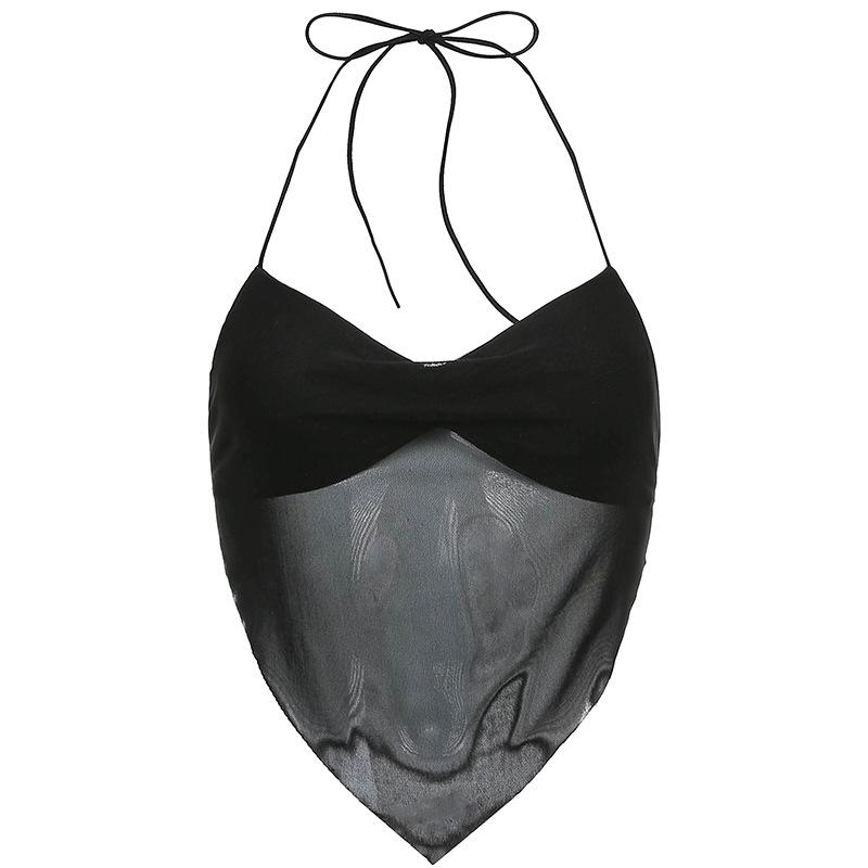 Сексуальные прозрачные сетчатые топы с лямкой на шее, женские однотонные корейские укороченные топы с v-образным вырезом и открытой спиной, модная корейская футболка 90 s