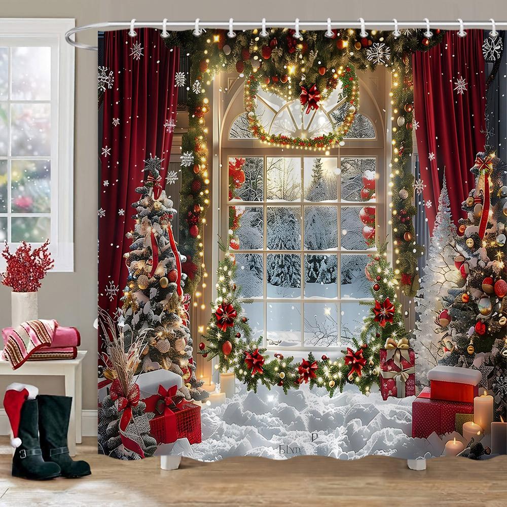 Рождественские украшения Душевая занавеска Зимняя снежная сцена Рождественская елка Рождественские подарки Полиэстер Душевая занавеска Декор для ванной комнаты