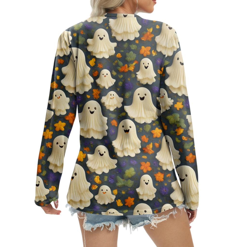 Женская повседневная мода, сексуальный комфорт, Хэллоуин с принтом и v-образным вырезом, пуговицы, длинный рукав