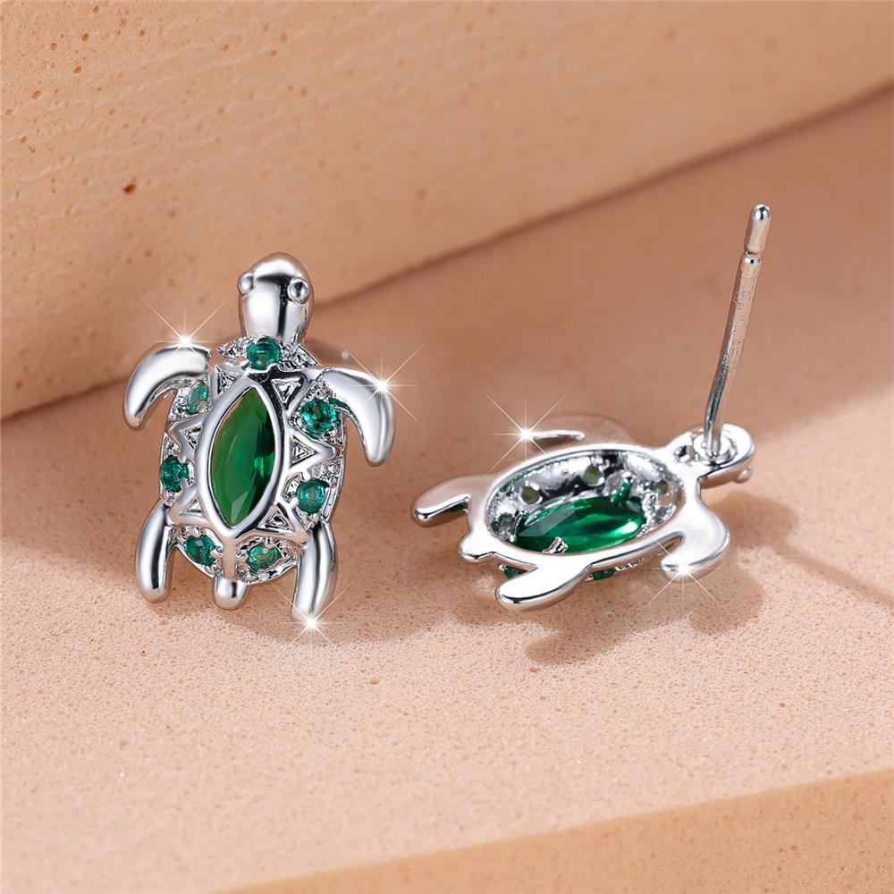 Cute Female Green Turtle Zircon Stone Stud Earrings Silver Color Dainty Gift Wedding Jewelry For Women
