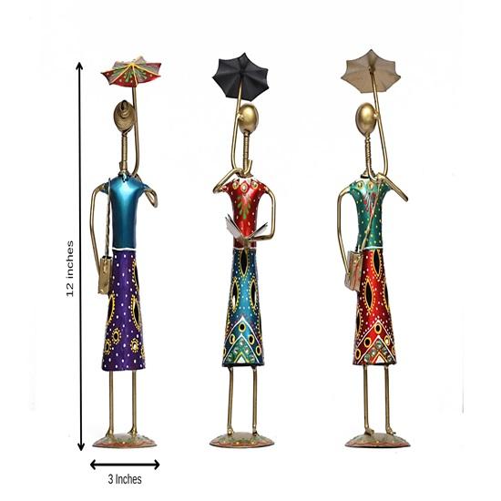 Set of 3 Pcs Handmade Metal Fashion Dolls with Umbrella Decorative Showpiece Items for Home Decor 30.48 Cm