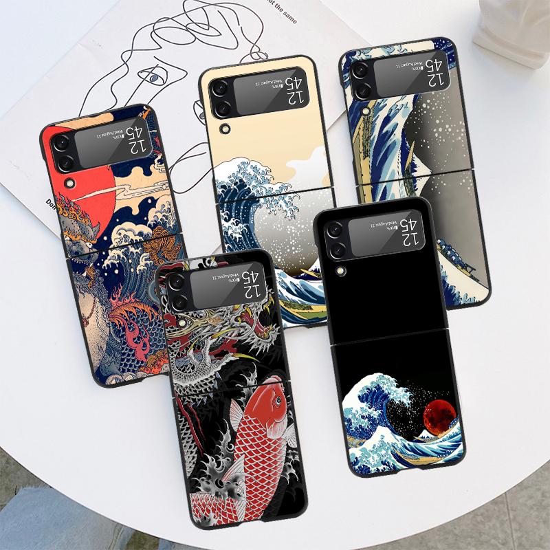 Чехол Wave Art японский зеленый Illust для Samsung Galaxy Z Flip 3 5G ZFlip ZFlip3 Z Flip 4 ZFlip4 Жесткий ПК Роскошные чехлы Funda