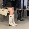 White Thick Heel High Heel Boots Women's European and American Patent Leather Thick Heel Square Head Belt Buckle Knight Boots But Knee Fashion Boots