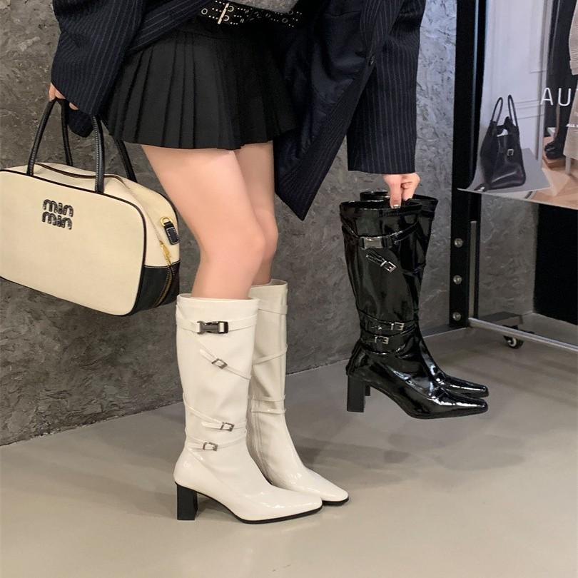 White Thick Heel High Heel Boots Women's European and American Patent Leather Thick Heel Square Head Belt Buckle Knight Boots But Knee Fashion Boots
